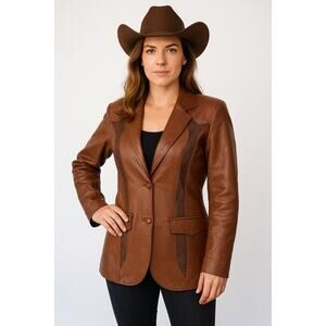 1980s Pioneer Wear genuine Brown leather blazer snakeskin-style insets medium